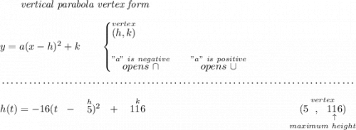 ~~~~~~\textit{vertical parabola vertex form} \\\\ y=a(x- h)^2+ k\qquad \begin{cases} \stackrel{vertex}{(h,k)}\\\\ \stackrel{"a"~is~negative}{op ens~\cap}\qquad \stackrel{"a"~is~positive}{op ens~\cup} \end{cases} \\\\[-0.35em] ~\dotfill\\\\ h(t)=-16(t ~~ - ~~ \stackrel{h}{5})^2~~ + ~~\stackrel{k}{116}~\hfill \underset{maximum~height}{\stackrel{vertex}{(5~~,~~\underset{\uparrow }{116})}}